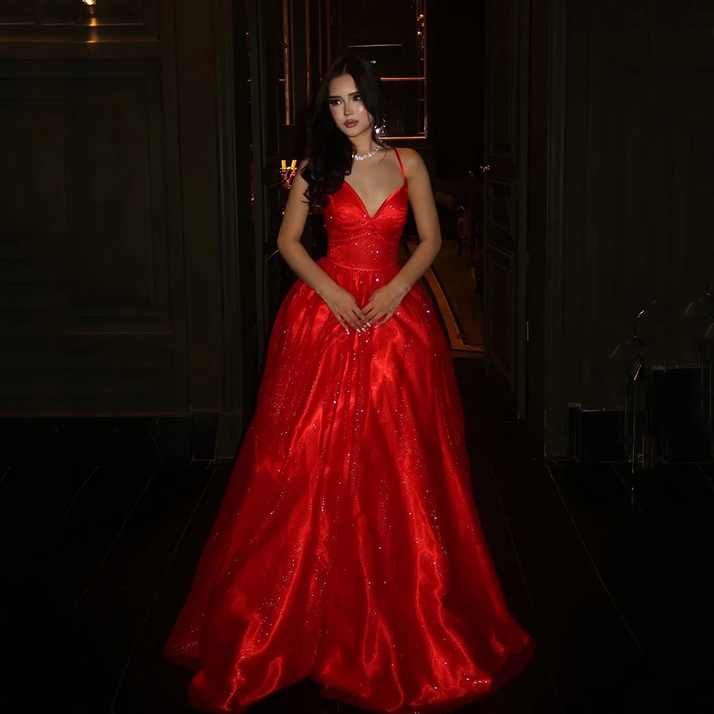 Msikoods Maßgeschneiderte rote glitzernde Ballkleider mit Spaghettiträgern, A-Linie, rückenfreies Abendkleid, glitzerndes Gala-Kleid für Damen, Nachtkleid