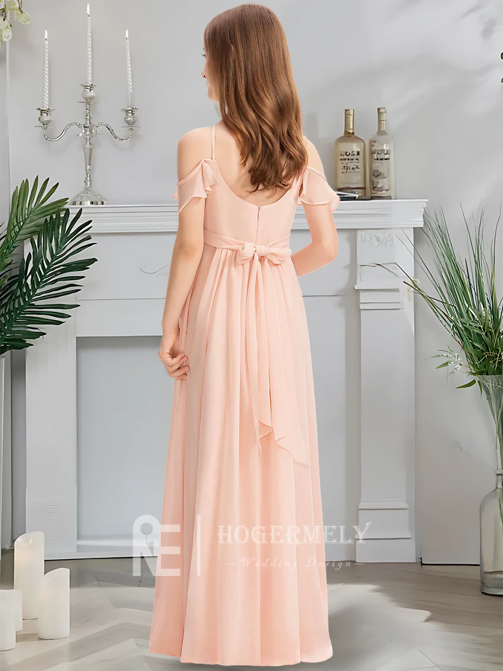 

B Kids Halter Junior Bridesmaid Dress Blush Flower Girl Dress Floor-Length Chiffon With Cascading Bow Sacred Communion Party