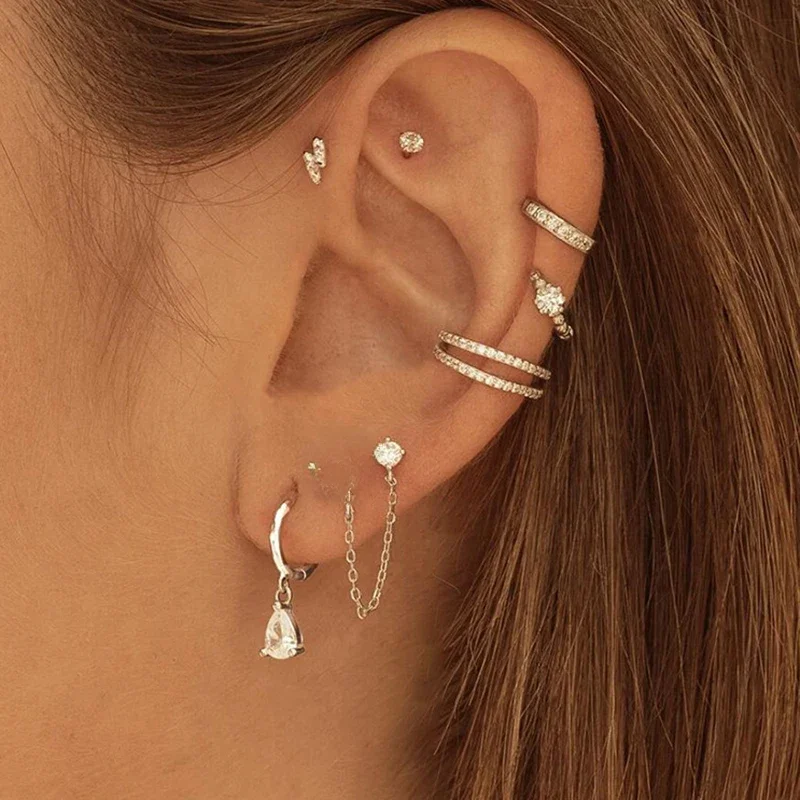 Moda kryształowy łańcuszek z cyrkoniami ze stali nierdzewnej małe kolczyki koła kwiat kropla wody wisiorek kolczyk na chrząstkę Piercing biżuteria — zdjęcie 2