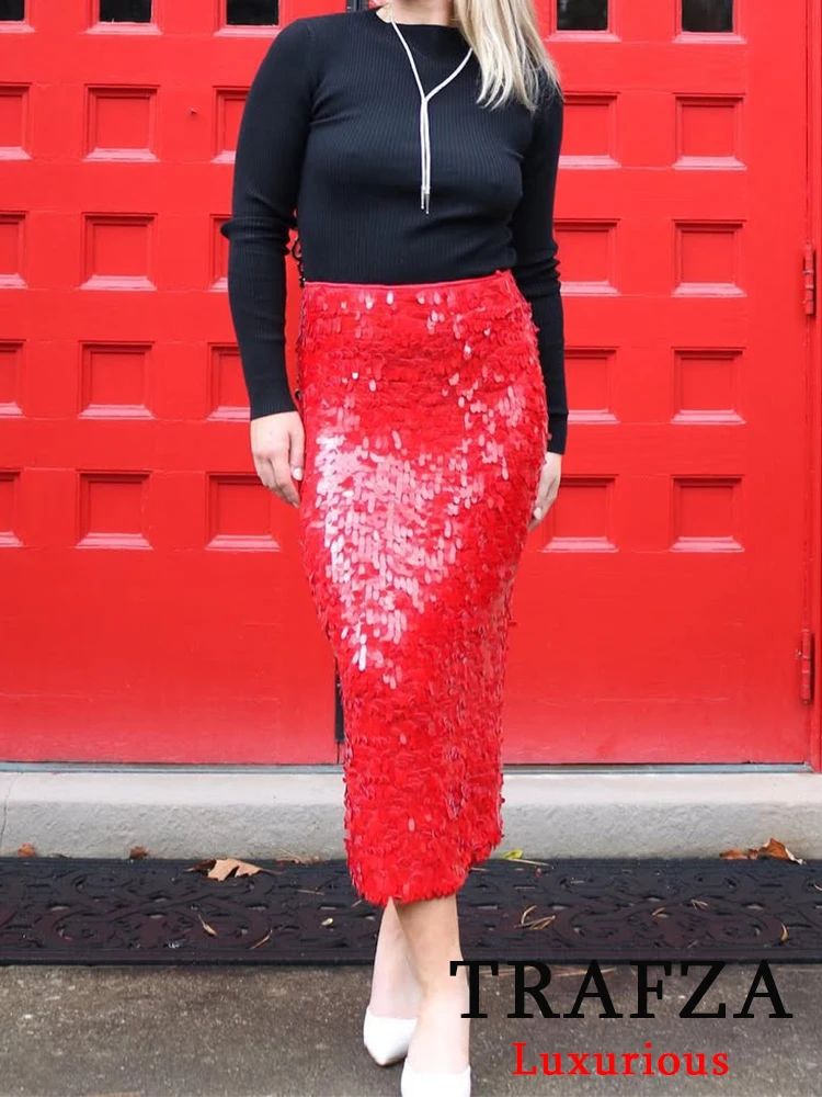 TRAFZA Vintage Casual Women Skirt Chic Red Sequined Long Straight Zipper Skirt New Fashion 2024 Autumn Winter Holiday Long Skirt