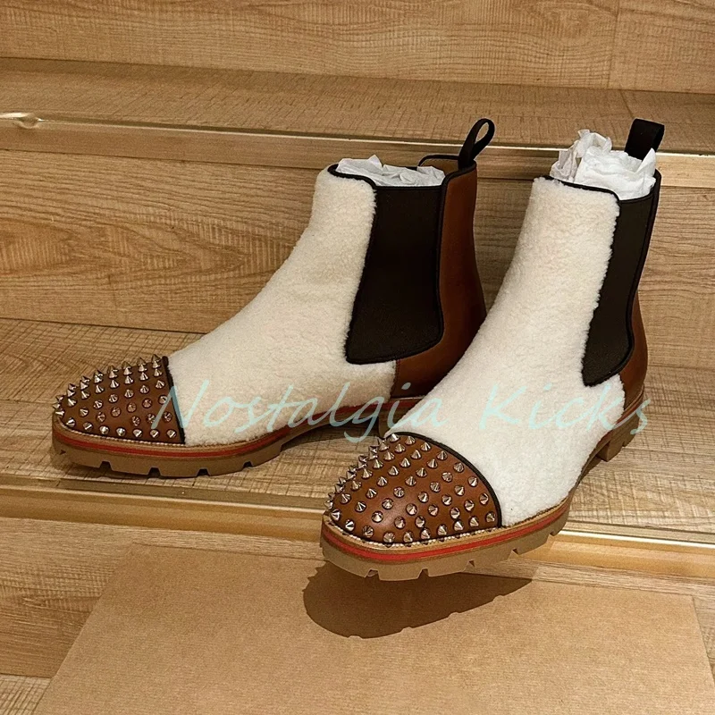 Fashion Winter Studded Toe Wool Chelsea Boots Brown Leather White Shearling Ankle Boots for Men Anti Slip Warm Snow Boots - Image 2