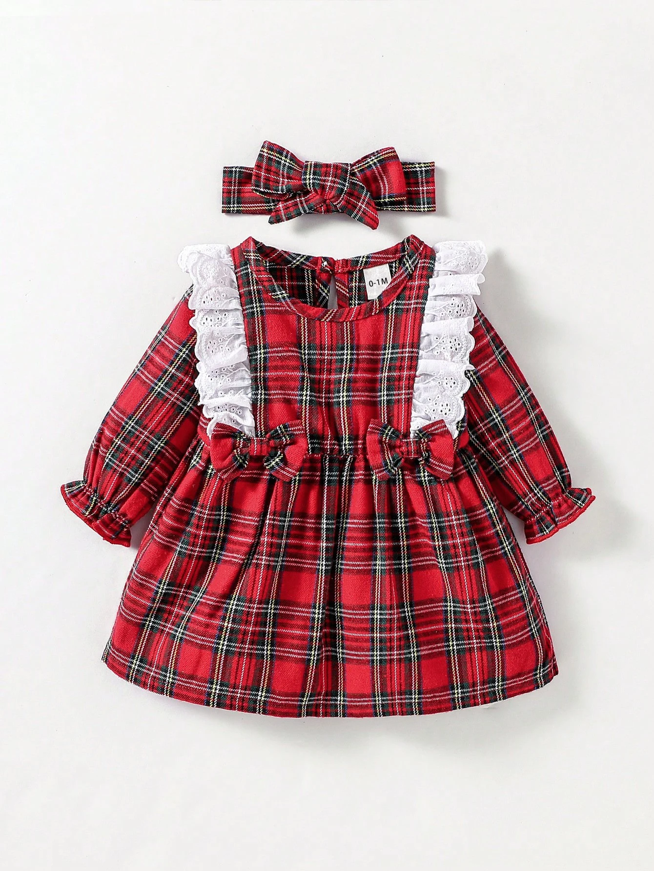 Newborn-9M Baby girl Red Spring /autumn round collar cute and fashionable plaid Honey dress+ Headband