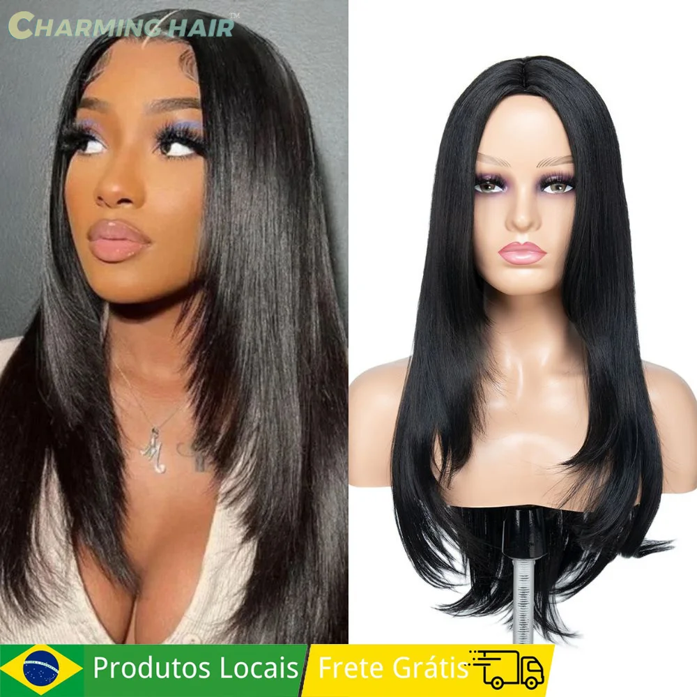 Peruca Cabelo Fibra Orgânica Premium Feminina Natural Cabelo Liso Corte em Camadas Desgaste Diário 50cm 210g 