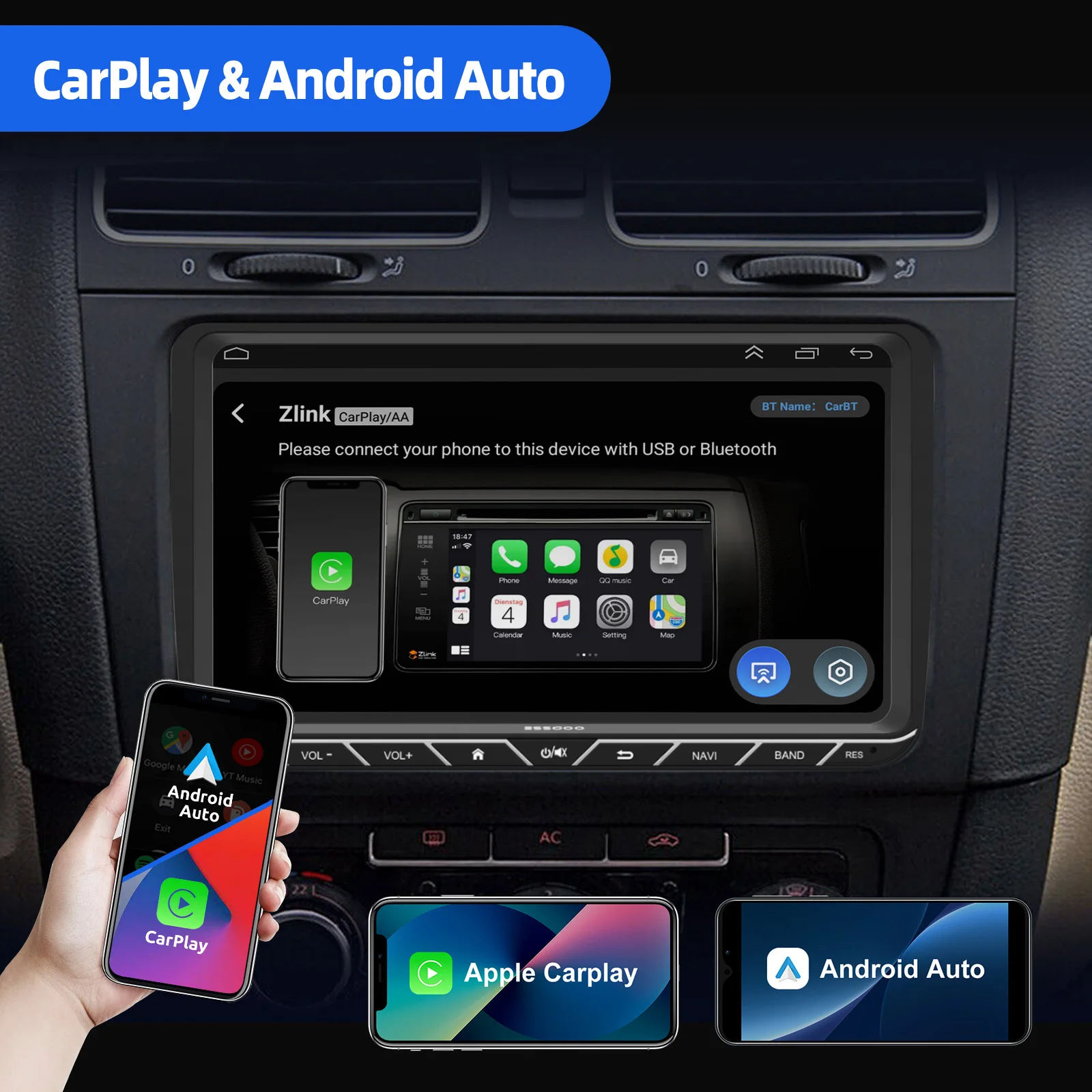 Autoestéreo ESSGOO Android15 9" 4+64G/6+128G para VW Tiguan Caddy EOS Jetta T5 Passat B6 B7 Polo 6R Golf 5 6 Touran Navegación GPS RDS WiFi 2+64G CarPlay Inalámbrico Android Auto Bluetooth FM Control de Volante Mirror 5