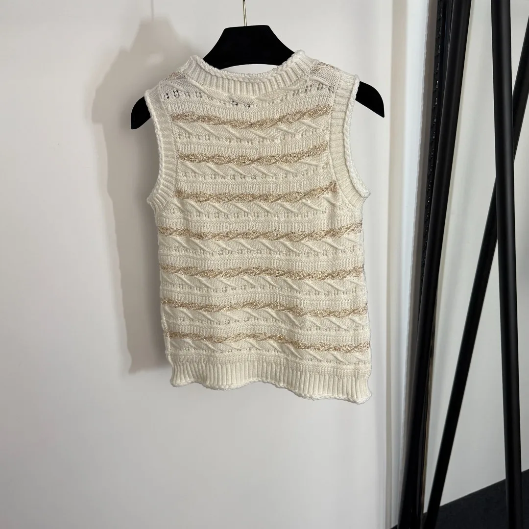 

2025 summer new fashion all-match popular round neck sleeveless striped hollow knitted embroidery commuter vest top