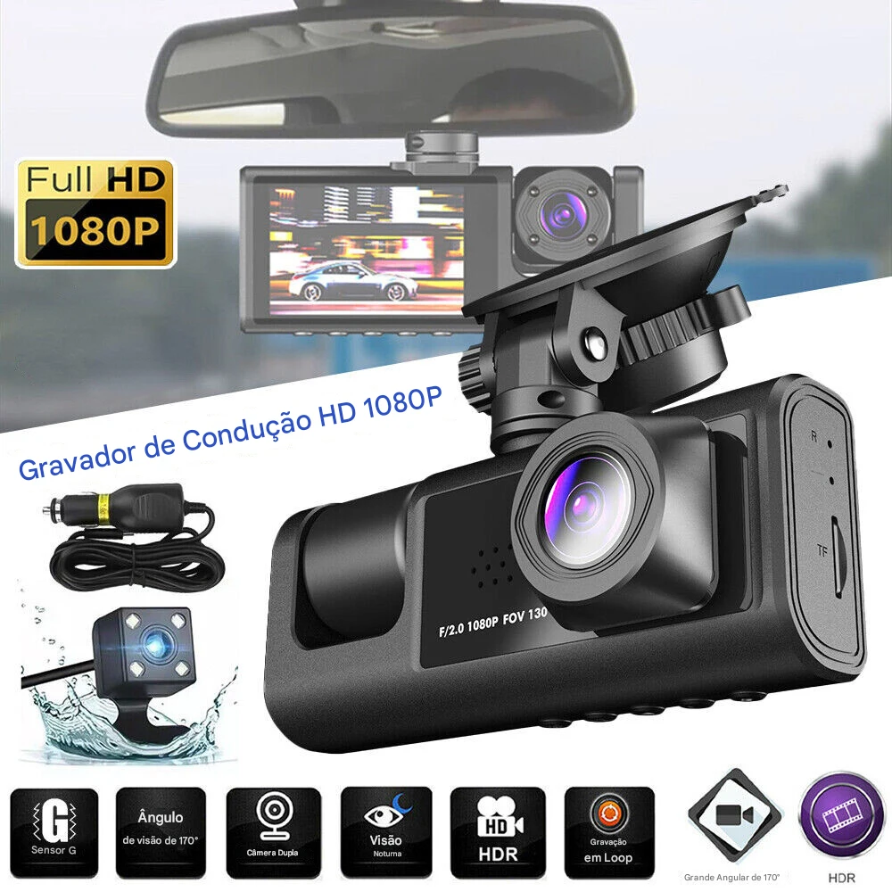 Câmera Veicular Dupla 1080P Dianteira E Traseira, Wi-Fi, Gravação HD Para Segurança