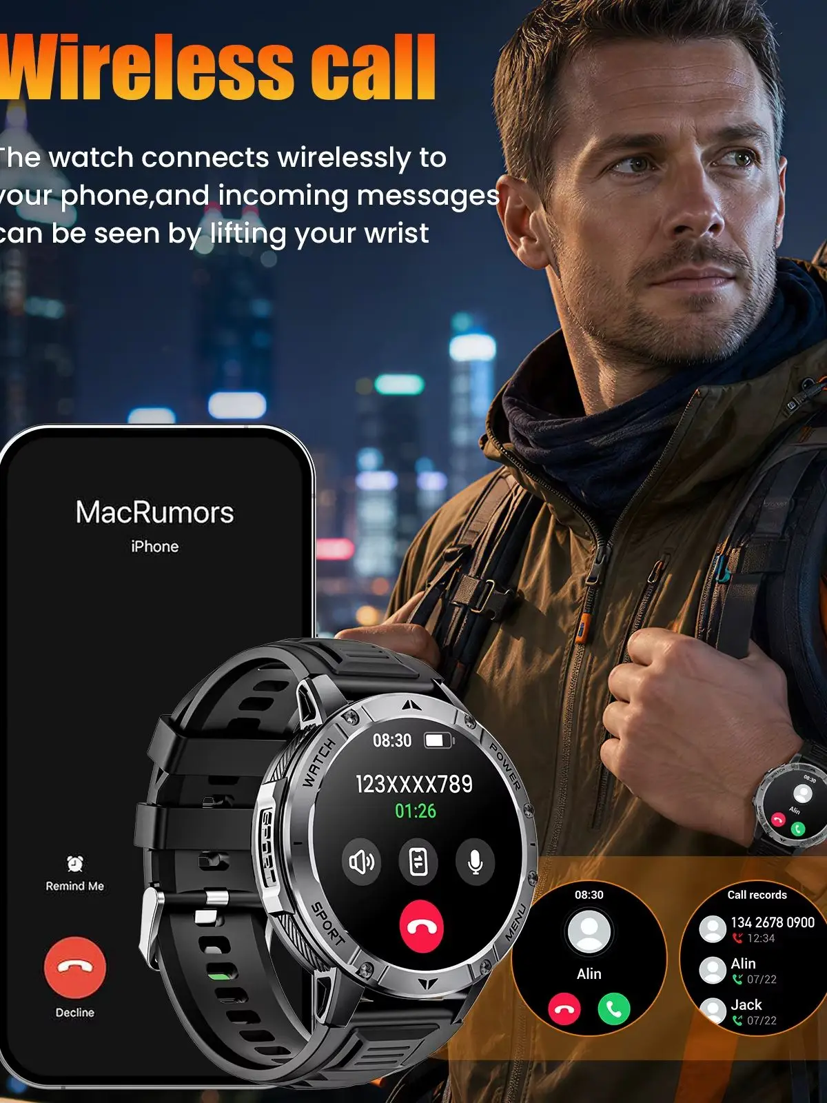Militär Smartwatch Herren 1,7 Zoll HD Display AB5691F Chip 128M Bluetooth5.2 Anruf 1400mAh Akku HX3918 Herzfrequenz SpO2 Sensor IP68 Wasserdicht 100+ Sportmodi Fitnessuhr