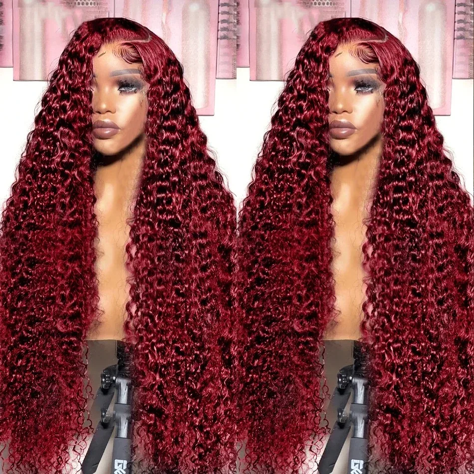 Borgonha onda profunda Lace Frontal Wig, HD transparente Lace Front peruca de cabelo humano, encaracolado vermelho peruca colorida, 13x4, 30 40 Polegada