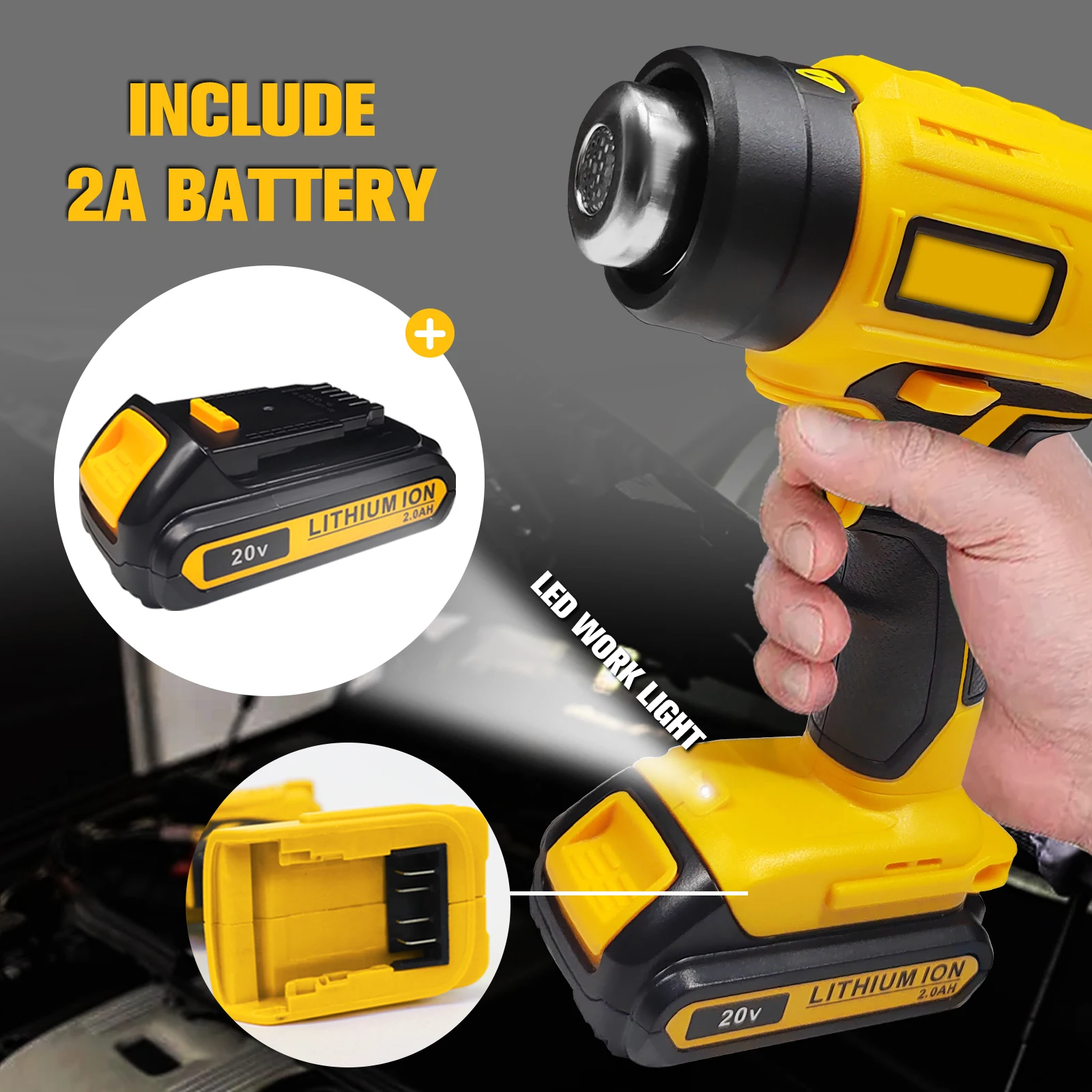 400W Cordless Hot Air Gun with 20V 4000mAh Li-ion Battery Handheld Electric Heat Gun Industrial Home Hair Dryer for Dewalt