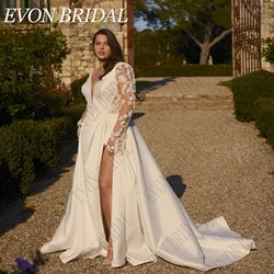 Evon Braut Vintage Plus Size Brautkleider für Frau Satin abnehmbare Ärmel V-Ausschnitt Seite Split Applikation Vestidos de NoviaEVON BRIDAL Vintage Plus Size Brautkleider Für Frau Satin Abnehmbare Ärmel V-Ausschnitt Se
