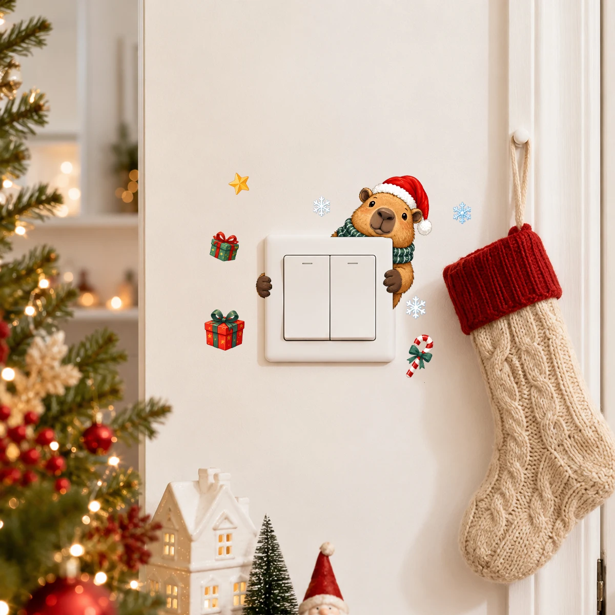 Christmas Capybara Wall Decal Animal Light Switch Sticker Santa Hat Bear Peeking Wall Sticker Holiday Xmas Home Decor Removable