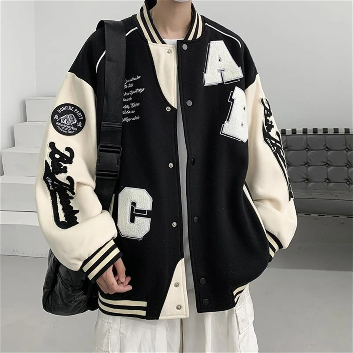 Y2k Lammwoll-Bomberjacke für Damen, Oversized Streetwear für Herren, Ins Hip Hop Harajuku Mode College-Uniform Varsity Baseball-Jacke – Detail 7
