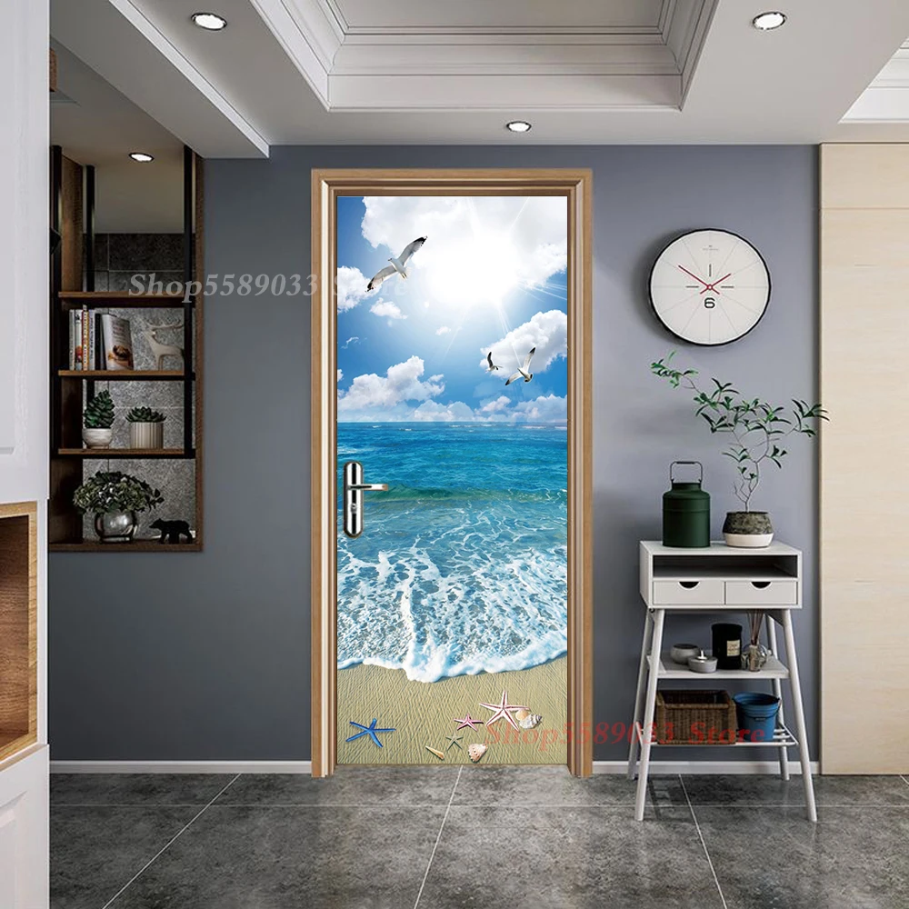 3D Natural Landscape Door Wallpapers Vinyl Self-adhesive Living Room Corridor Decor Mural Sundown Field Path Door Sticker Home