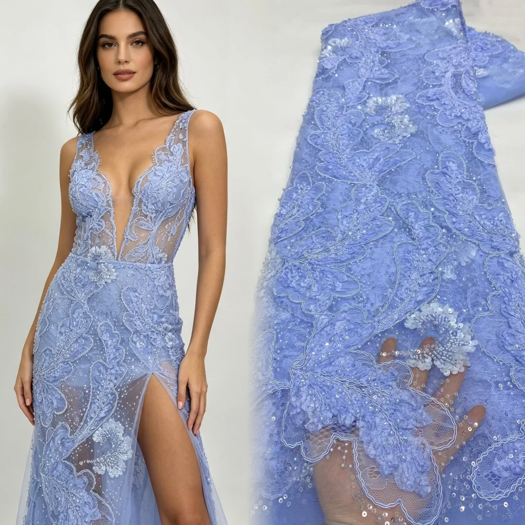 AT2941 Luxury African Beads Lace 2026 High Quality 5 Yards Handmade Sequins Fabric for Evening Party Dresses Nigerian Style