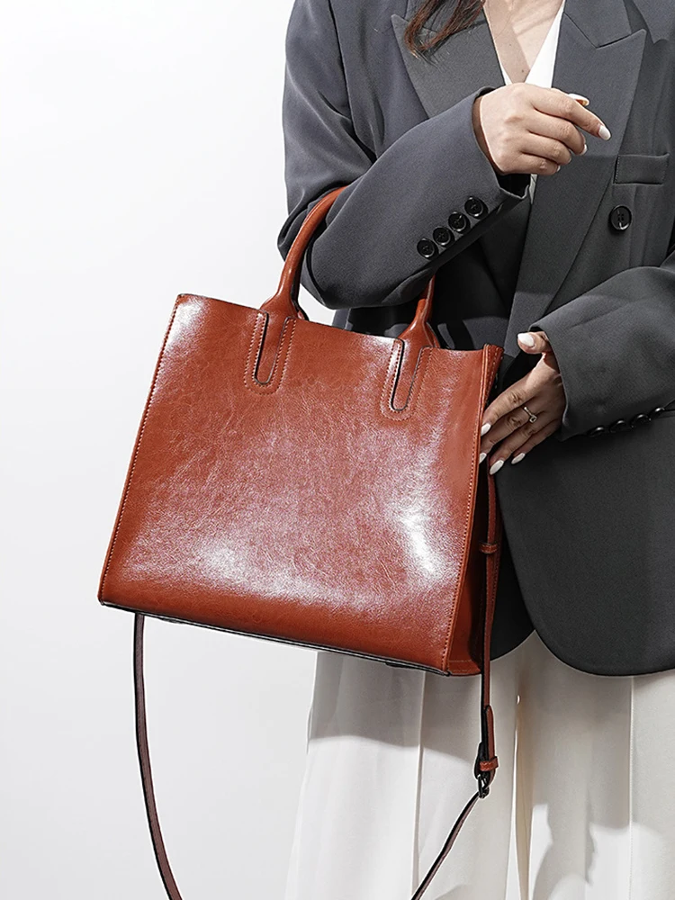 Zency Soft Retro Oil Wax Leather Handbag Women\'s Tote Bags Large Capacity Composite Bag Commute Crossbody Shoulder Bag Satchel
