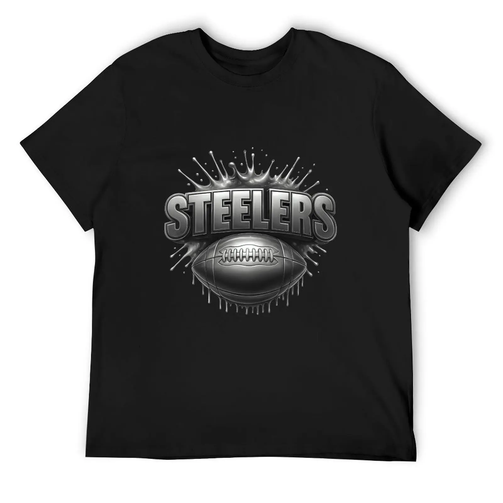 Metallic Silver Dripping Football STEELERS Letter Crew Neck T-Shirt Mens American Football Casual Apparel