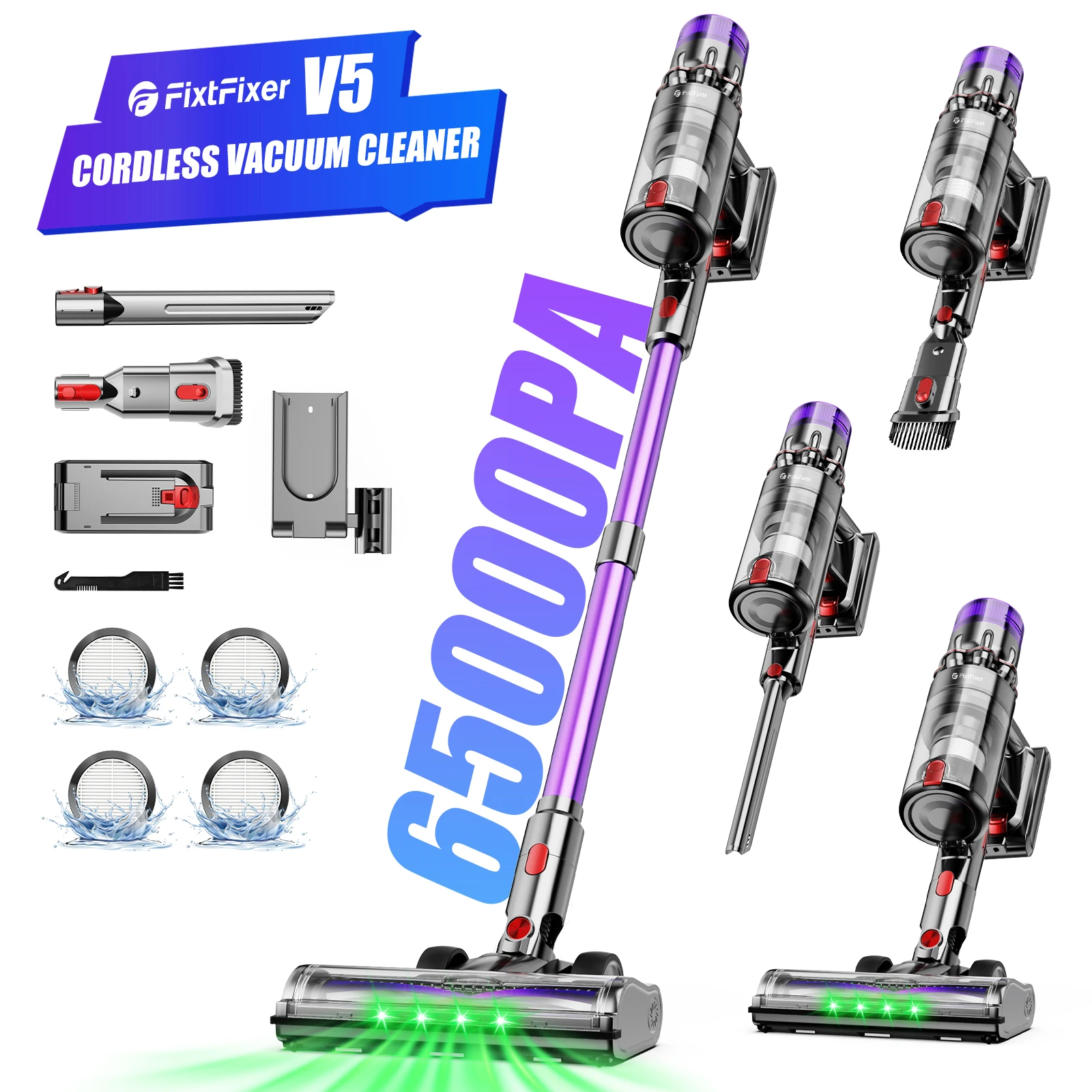 Aspirateur sans fil, 65Kpa/500W, aspirateur vertical 60 minutes d'autonomie, aspirateur vertical avec filtre HEPA, aspirateur à main