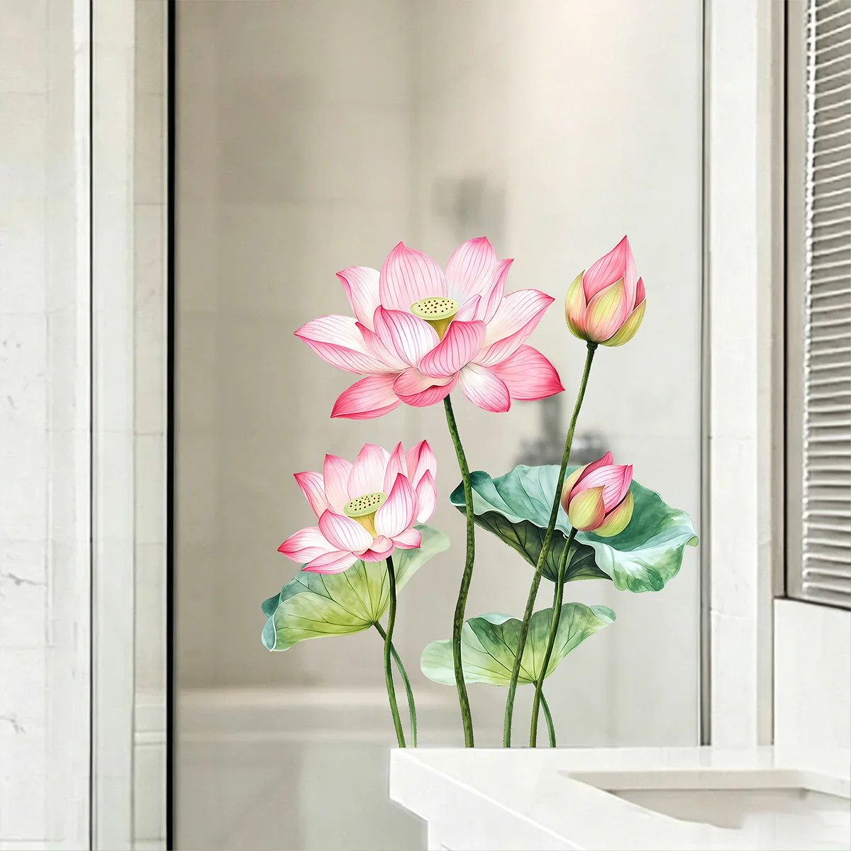 Detachable Lotus Wall Sticker, Waterproof PVC Glass Sticker, Bathroom, Window, Sliding Living Room Door Home Decoration