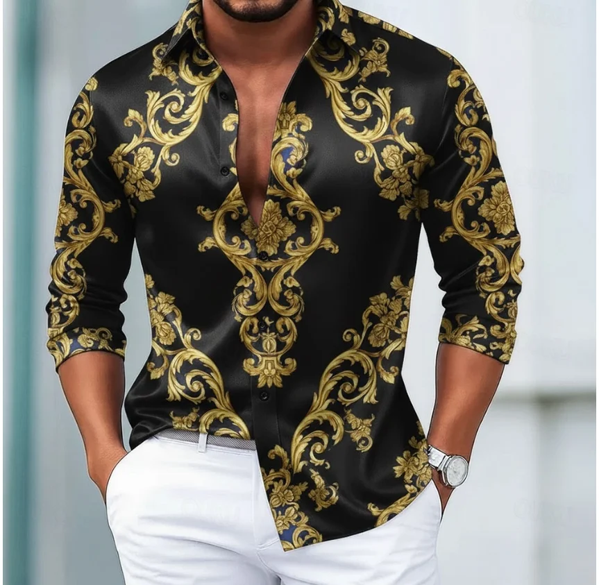 Kemeja satin pria motif bunga barok retro untuk liburan, pemakaian sehari-hari, musim semi, musim panas, musim gugur, kerah lapel, kemeja kancing cetak 3D