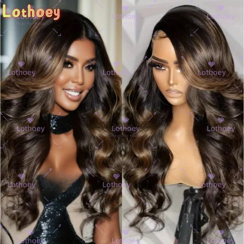 Glueless Brazilian Human Hair Wig - Dark Brown to Honey Blonde Ombre Lace Front with Natural Highlights, Body Wave Texture,Natur