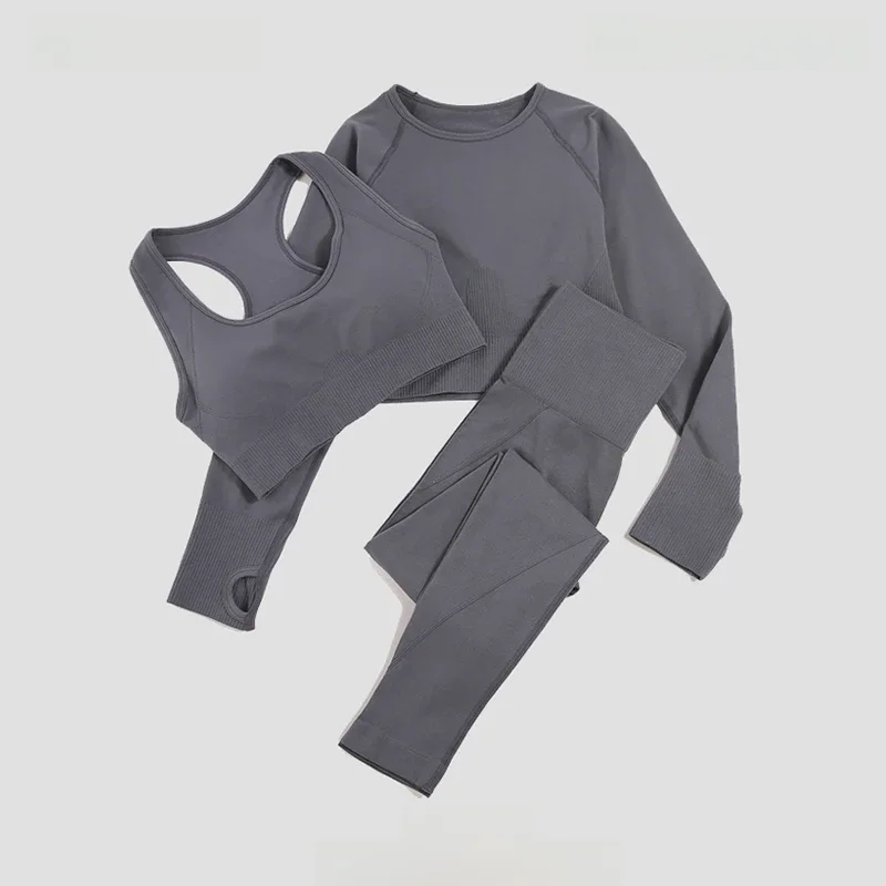 2/3Pcs Kobiety Bezszwowy strój do jogi Trening z długim rękawem Crop Top Koszula Sportowa Biustonosz Wysoka talia Legginsy do biegania Odzież na siłownię — zdjęcie 2