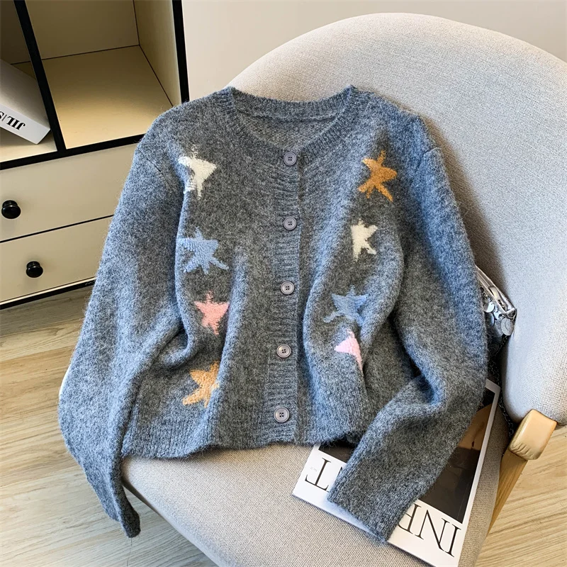 

Женский темно-серый свитер с вышивкой в виде морской звезды, осенний новый корейский свободный прямой вязаный кардиган 2000-х годов, свитер с круглым вырезом, топ