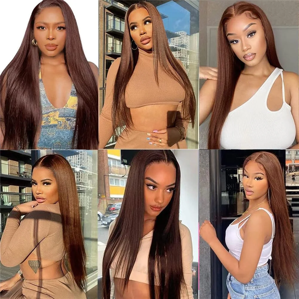 Perruque Lace Front Wig Remy Naturelle, Cheveux Lisses, Brun Chocolat, 13x4, 13x6, pour Femme