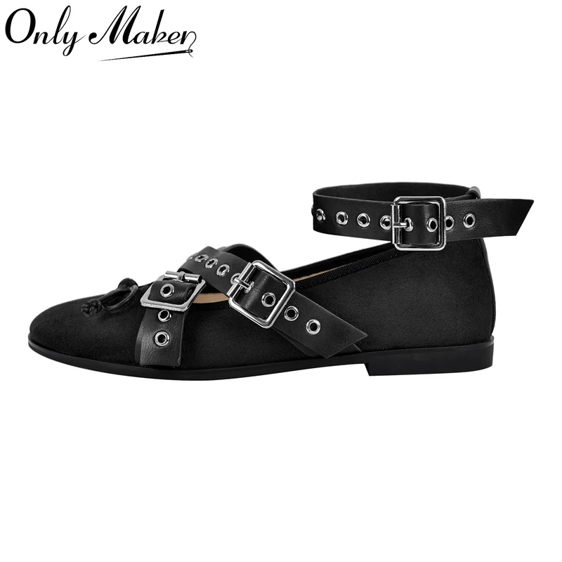 Onlymaker Women Round Toe Mary Jane Buckles Flats Woman Plus Size Summer New Fashion Shoes