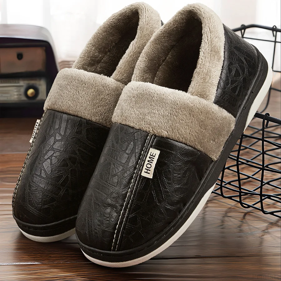 Men's Home Slippers Imitation Leather Memory Foam Furry Indoor/Outdoor Shoes Couple Winter Warm Soft Non-slip Slippers Luxury