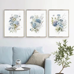 Bohemian Blue Flower Watercolor Poster Plant Wall Art Canvas Painting Prints Pictures Living Room Bedroom Home Interior Decor
