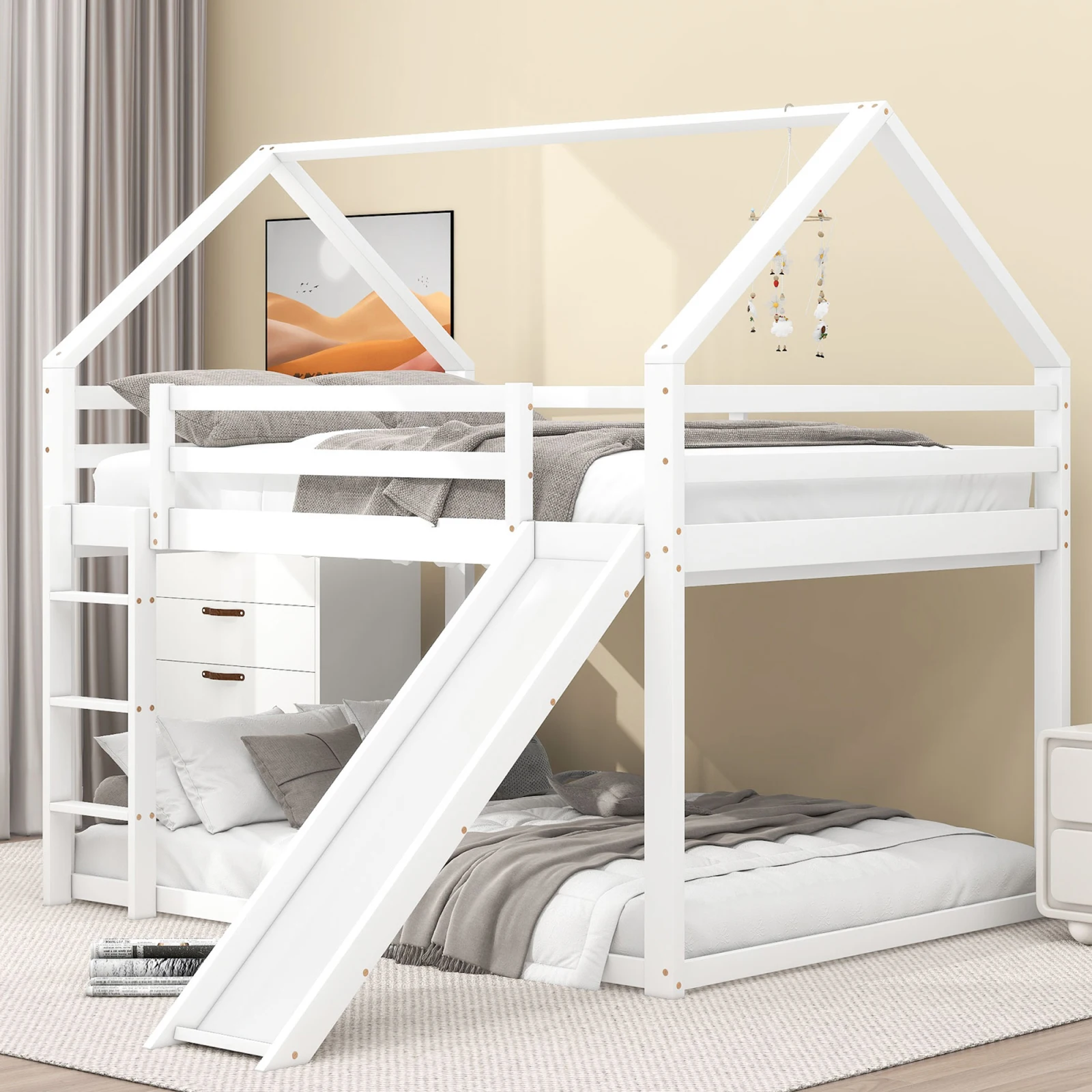 140x200cm Double bed children's bed house bed bunk bed with slide and ladder, children's room high double bunk bed, white