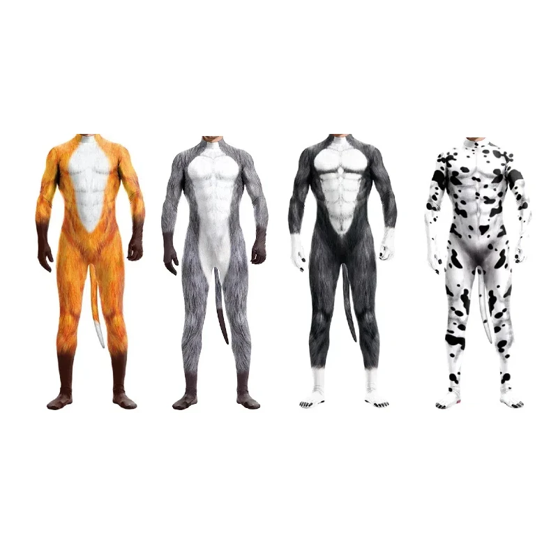 

Funny Men Animal Cosplay Onesies 3D Print Jumpsuit With Tail Adult Women Skinny Stretch Bodysuit Halloween Party Costume Outfit