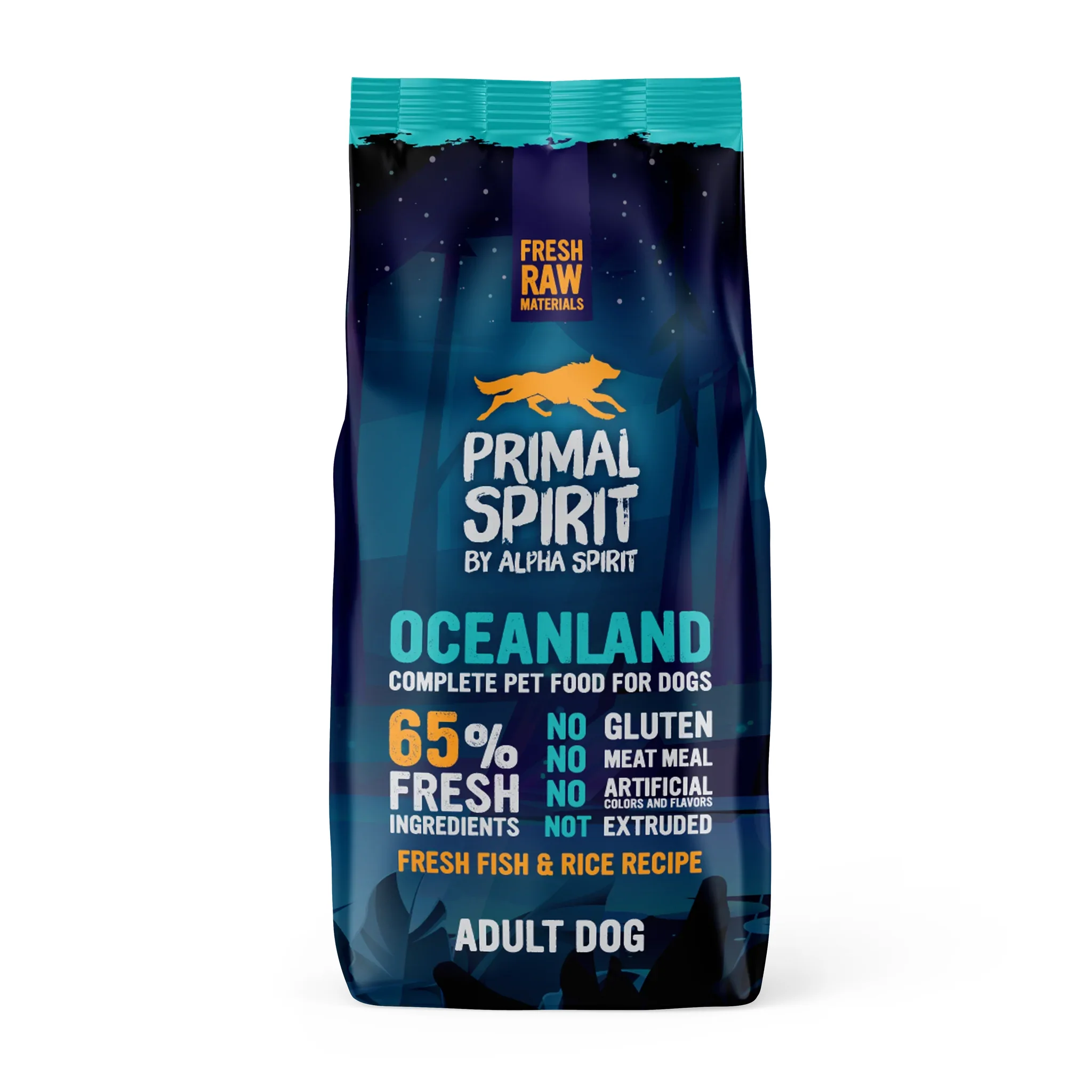 Primal Spirit 65% Oceanland 12 Kg dog food is a complete food for adult dogs, with 65% fresh ingredients. No gluten, no meat meal.