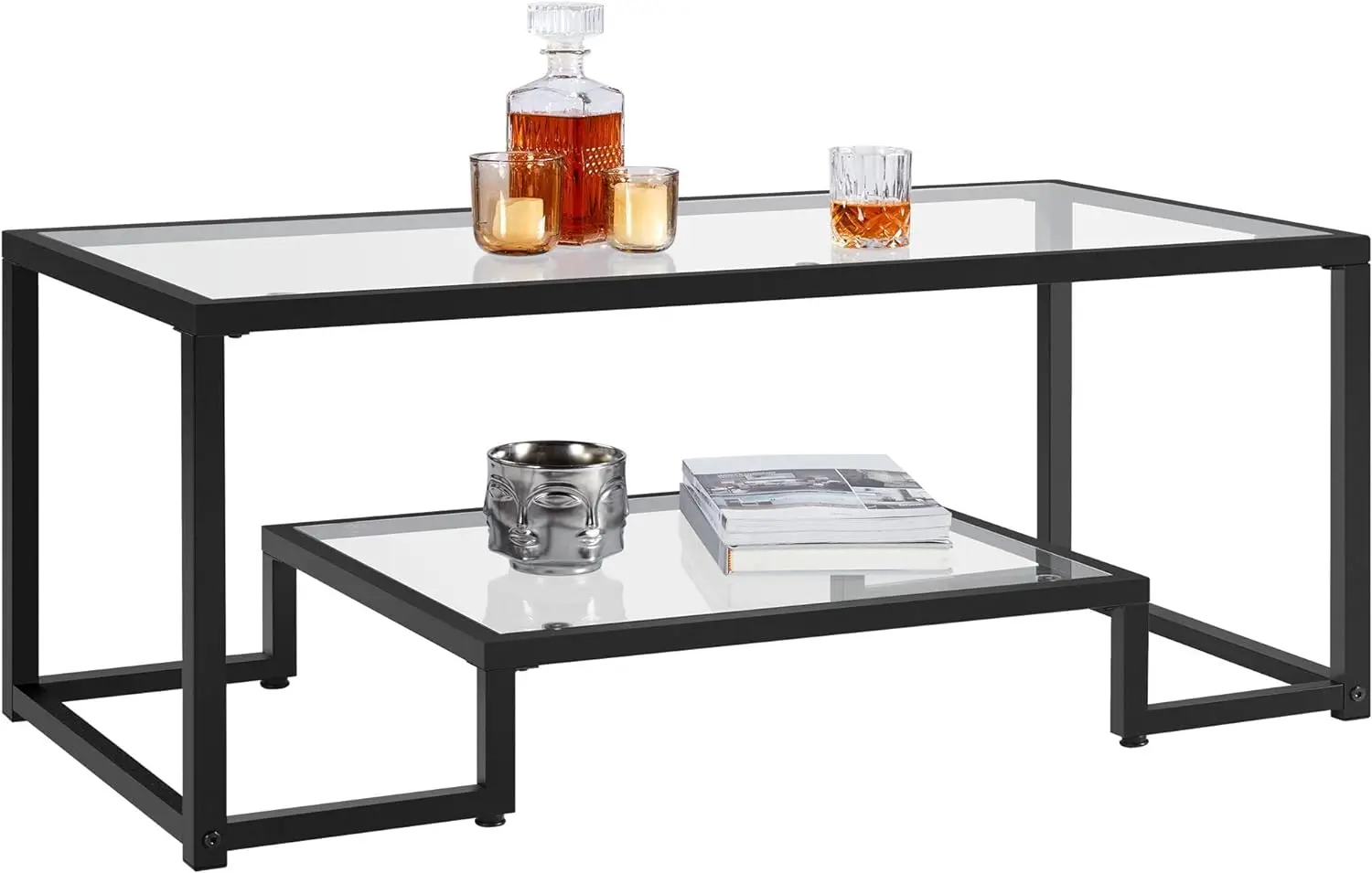 offee Table, Tempered Glass Coffee Table, Modern Simple Center Table w/Geometric-Inspired Design & Metal-Frame