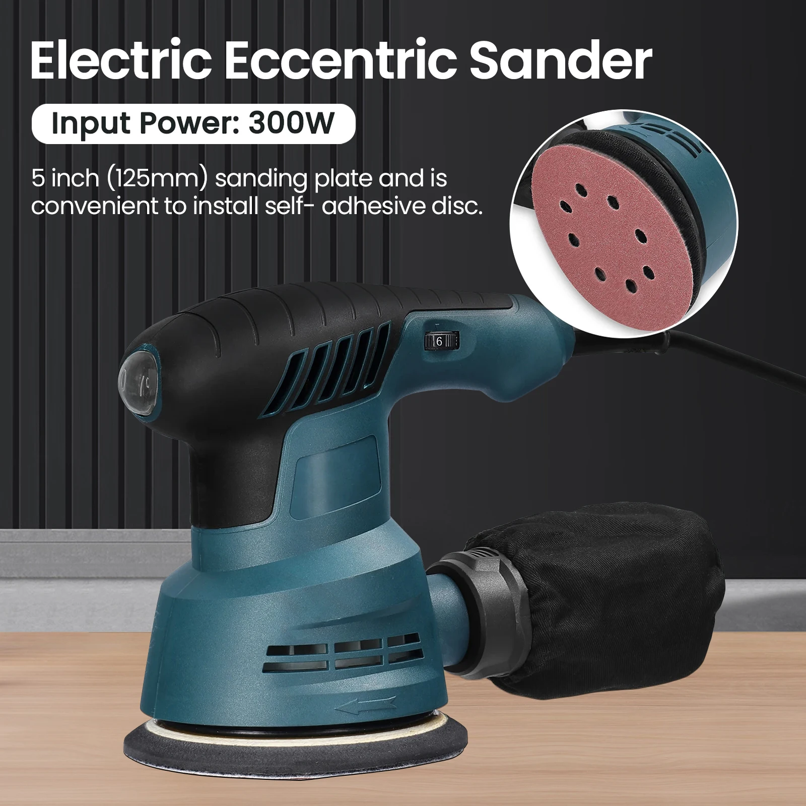 300W Electric Eccentric Sander 6 Gears Speed Adjustment 125mm Wood drinking Processing Car Polishing Machine With Dust Box