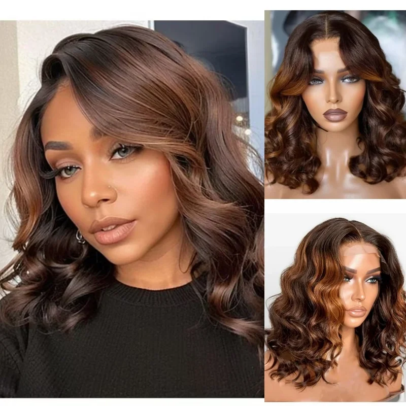 

Brown Glueless Bob Lace Frontal Wig Short Spiral Curl Human Hair Colored Lace Front Wig Human Hair silk base Wig