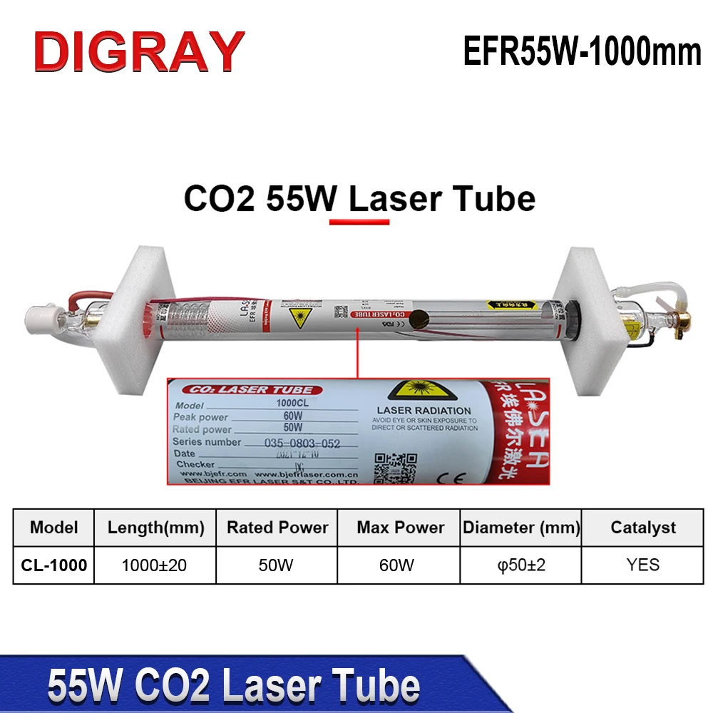 DIGRAY 55W Co2 Laser Tube EFR-1000CL Diameter 50mm Length 1000mm Laser Glass Lamp For Co2 Engraving Cutting Machine