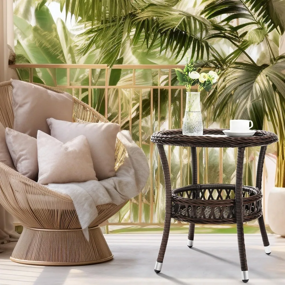 

Плетеный приставной столик для улицы, коричневый, для патио, с местом для хранения и стеклянной столешницей, квадратный кофейный столик для заднего двора