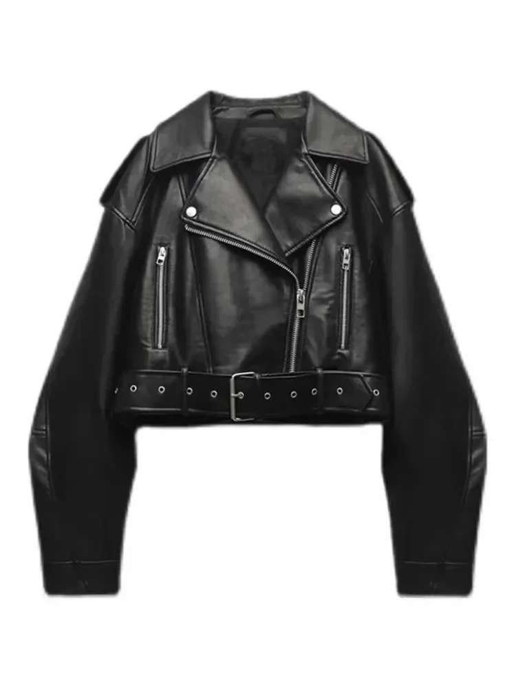 Damska kurtka motocyklowa BBWM oversize w stylu vintage, luźna, z imitacji skóry PU, krótka, z paskiem, streetwearowa, zapinana na zamek, retro, motocyklowa, odzież wierzchnia. — zdjęcie 2