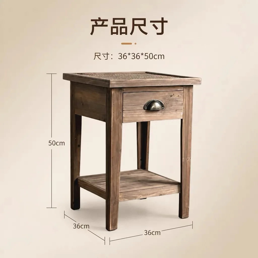 Handmade Solid Fir Wood Side Table with Rattan Top, Drawer and Storage Shelf Rustic Farmhouse Nightstand for Bedroom Living Room
