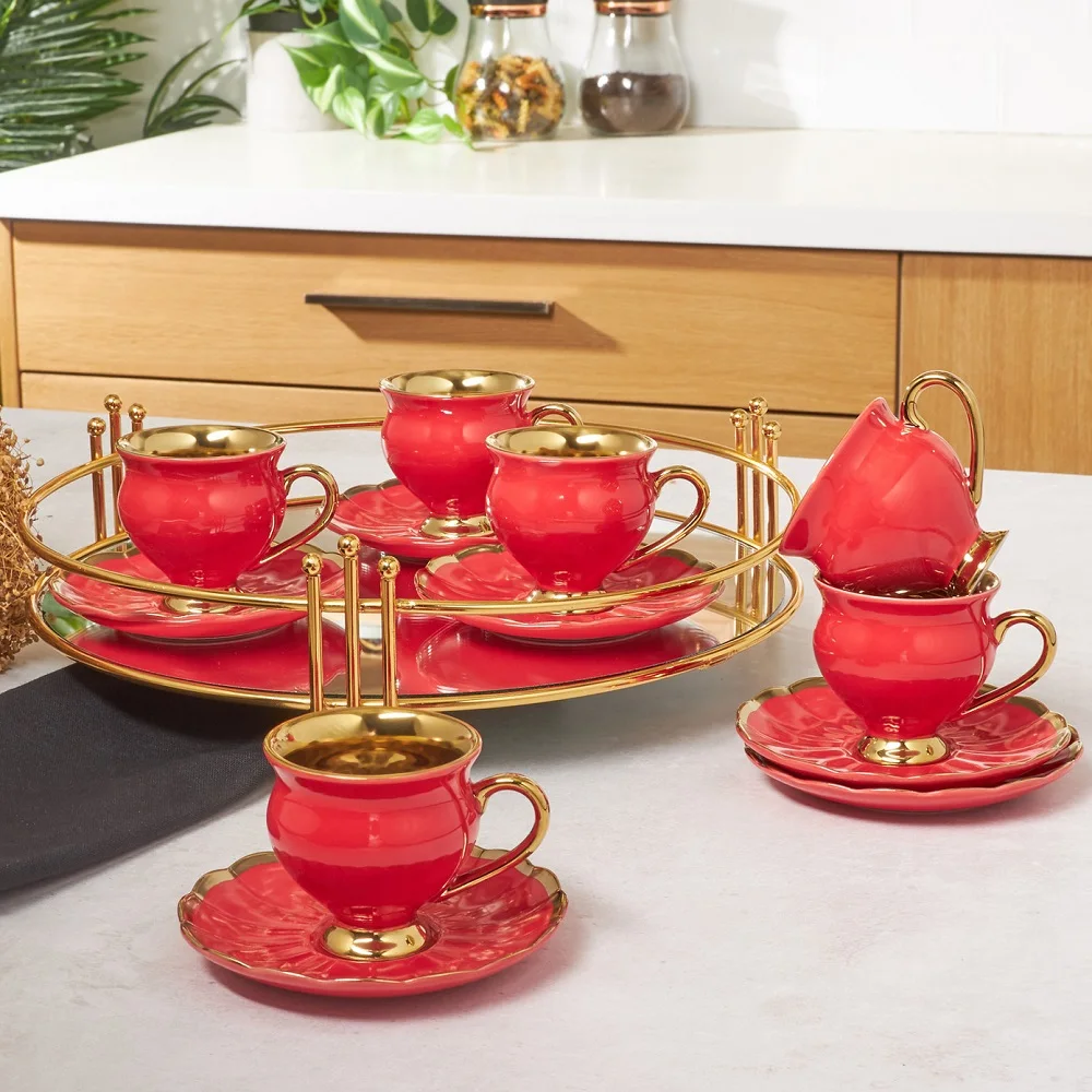 Juego de tazas de café de oro rojo de 6 tazas de café de 90 ml, 6 tazas de café turco, 6 platos de café árabe