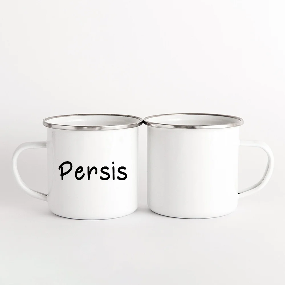 Custom Name Enamel Camping Mug, White Vintage Metal Tea Coffee Cup, Wedding Bachelorette Party Favor Keepsake Gift.