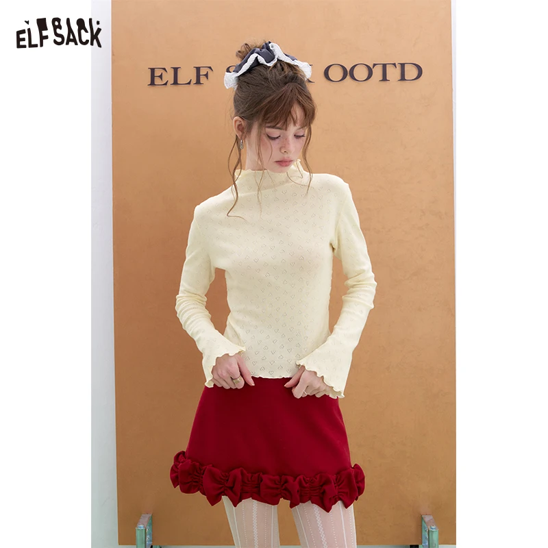 

ELFSACK 2025 Spring New Arrivals High collar long sleeve slim fit t-shirt women y2k pleated jacquard knitted crop top