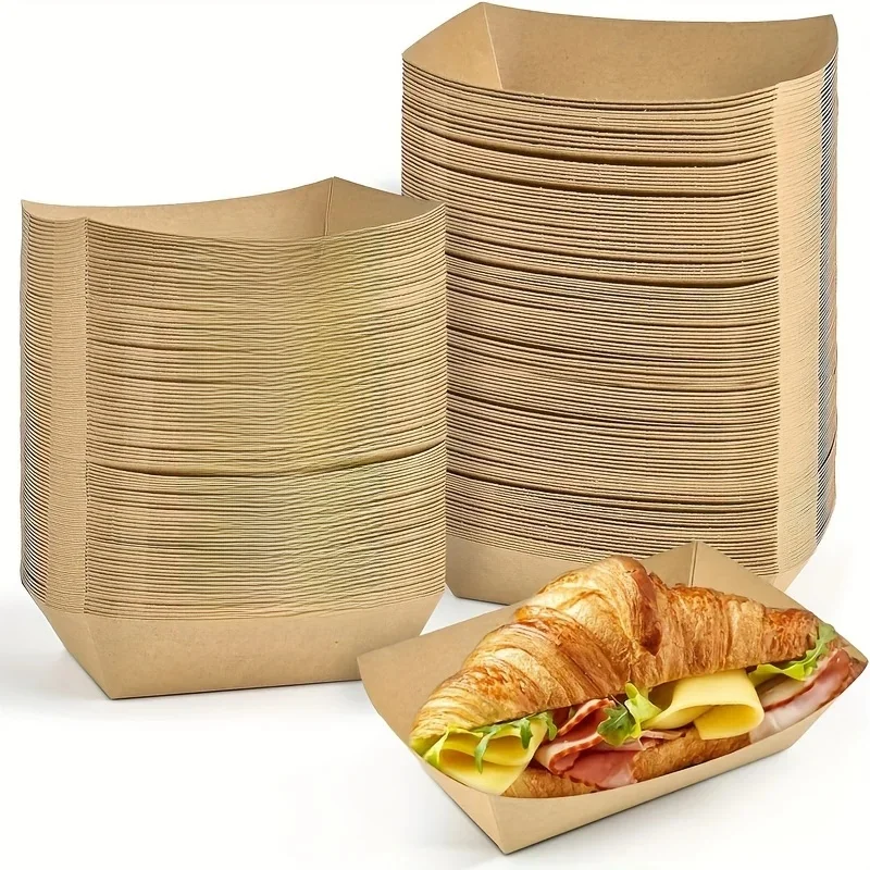 Plateau alimentaire en papier Kraft, 100 pièces, plateaux de bateau alimentaires robustes, panier de Service jetable pour collations, frites, Tacos, ensemble de vaisselle de fête pour barbecue