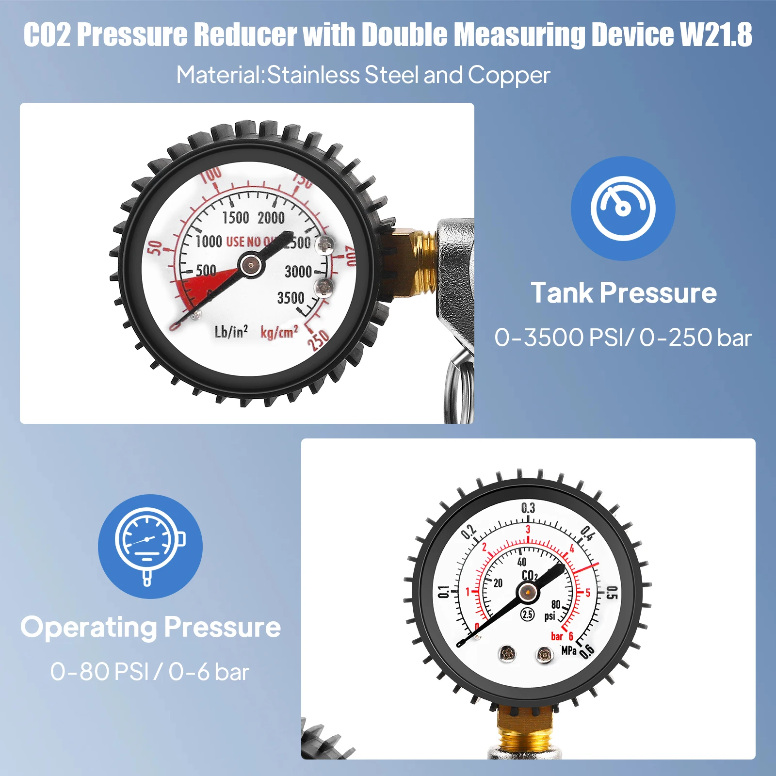Regolatore di pressione per birra con doppio indicatore CO2, filettatura W21.8, in lega di rame e alluminio, 0-3500 PSI per serbatoio, 0-80 PSI per pressione di uscita, riduttore di pressione con