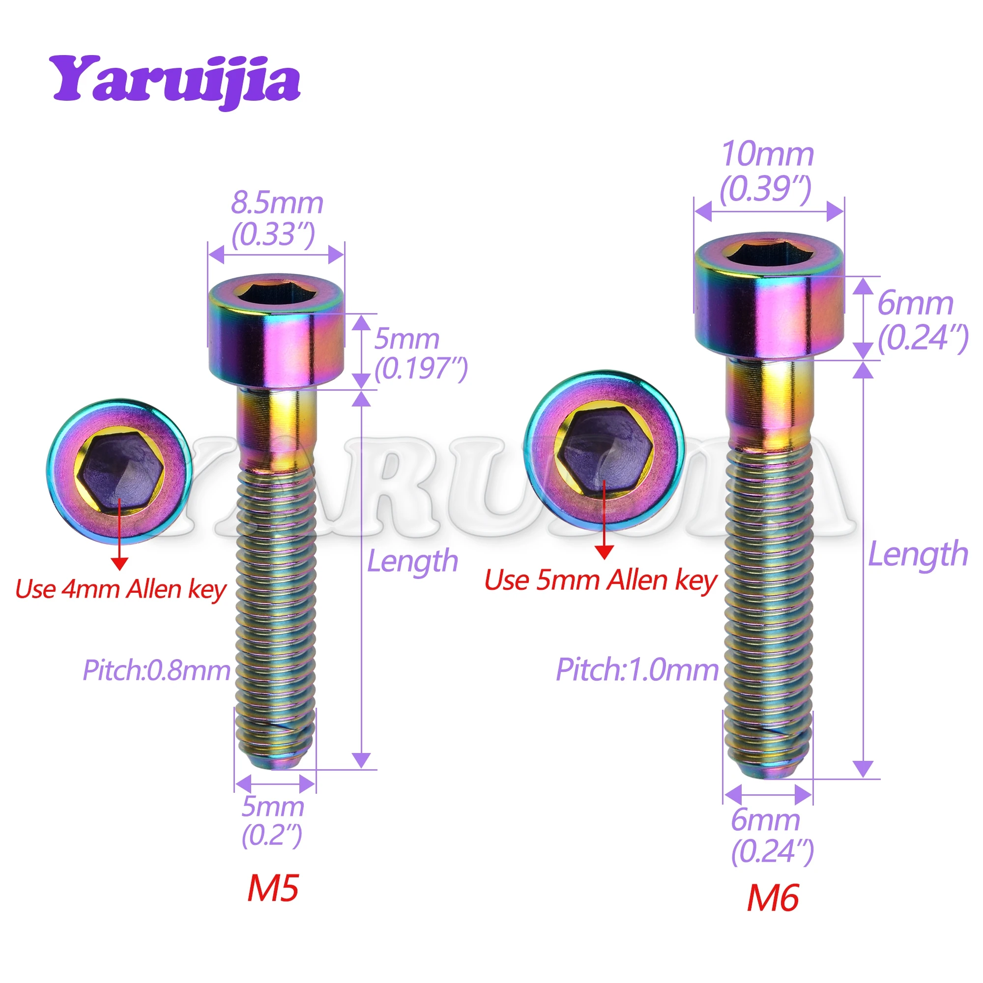 Yaruijia Titanium Bolts M5/M6x10/12/15/16/18/20/23/25/30-65mm Stigma Allen Key  Screw for MTB / Road Bicycle Seatpost Brake 6pcs