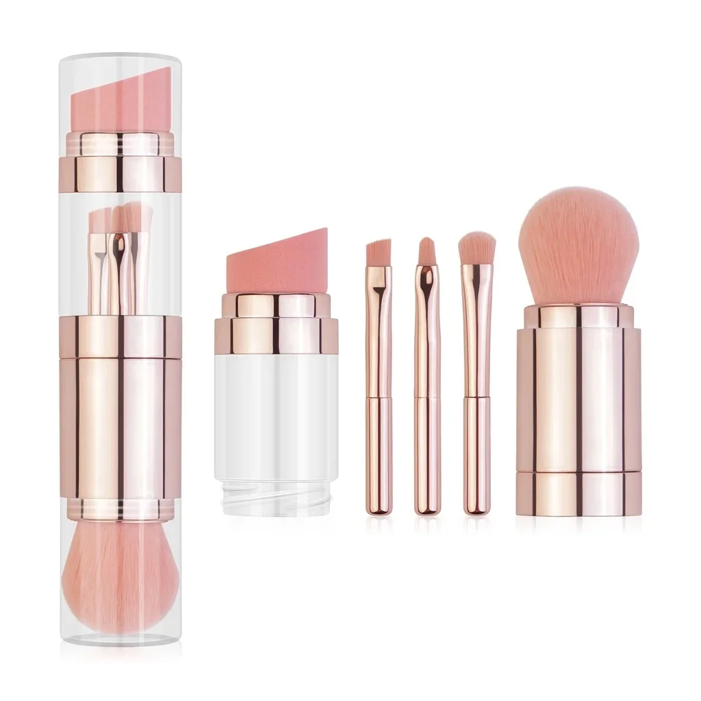 Ensemble de pinceaux de maquillage de voyage détachables 5 en 1, pinceaux pour fard à paupières en poudre et Blush avec poils synthétiques végétaliens, beauté multifonctionnelle