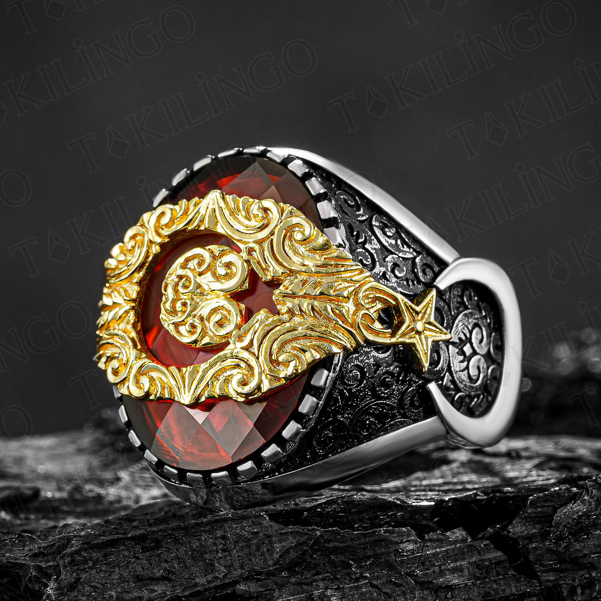 

Genuine 925 Sterling Silver Oval Crescent Moon Star Red Zircon Men's Ring High Quality Fashion Jewelry Accessory Gift For Him