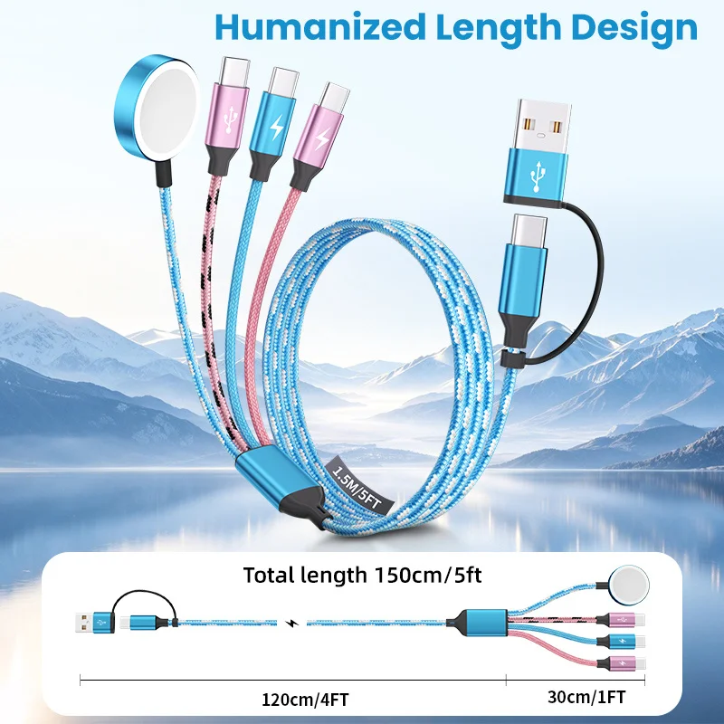1PC 5FT 4-in-2 Fast Charging Cable With 3 Type-C Ports For IWatch Charger/IPhone17-15, Portable Travel Essentials, For IWatch Ultra/SE/11-2