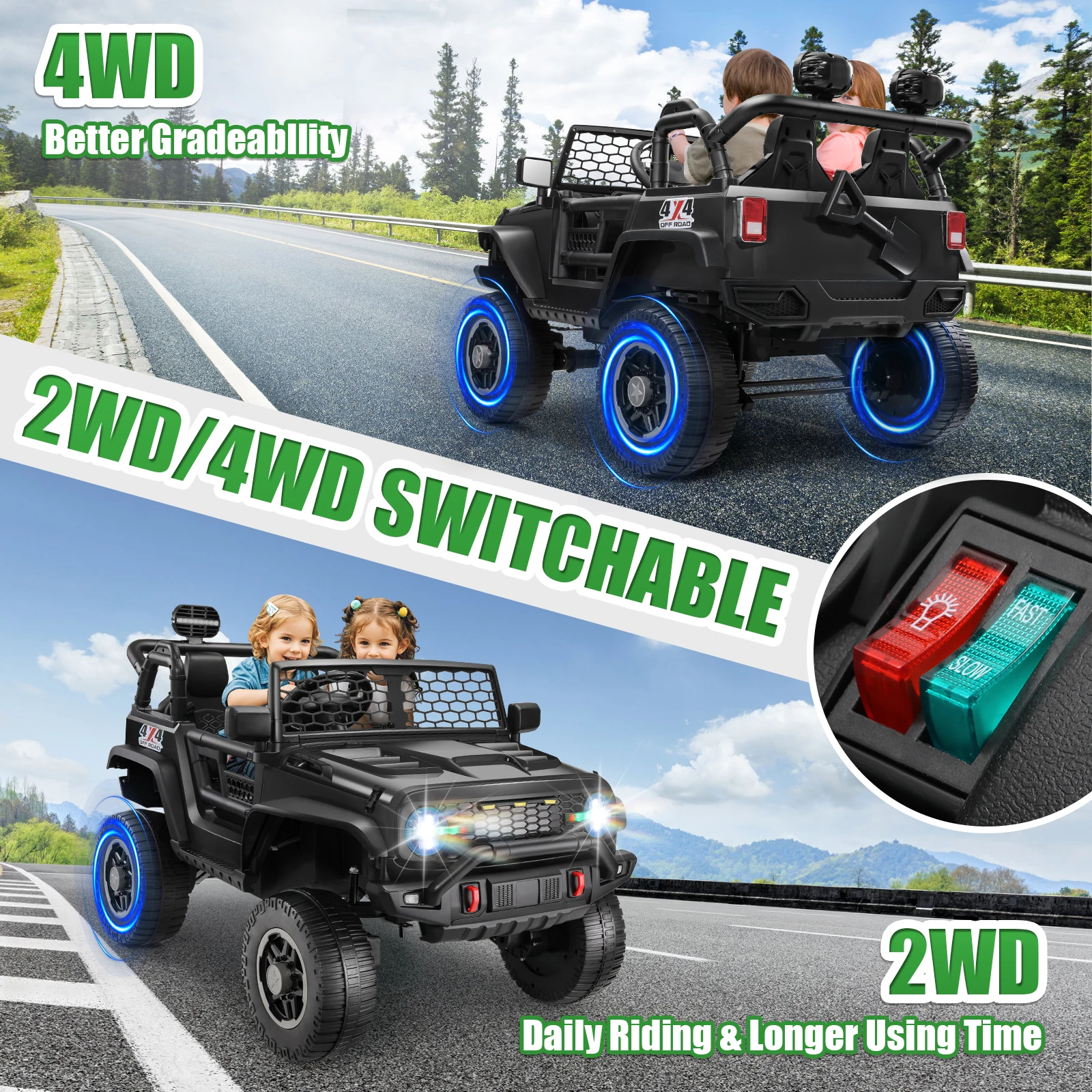 Coche para niños de 24 V, coche eléctrico de 2 plazas con control remoto, conmutable 4WD/2WD, 3 velocidades, suspensión de resorte, asiento de 20" de ancho